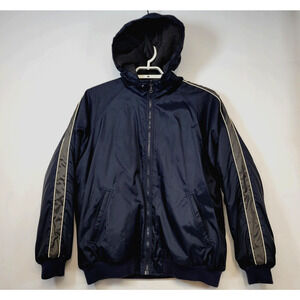 Croft & Barrow Bomber Jacket Mens L Blue Hooded Reversible Fleece Lined Outdoor